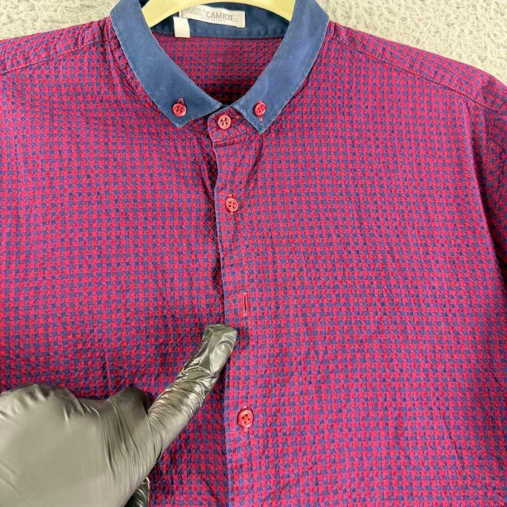 Nara Camicie Button Down Shirt Mens Small Red Blue Micro Check Seersucker Italy
